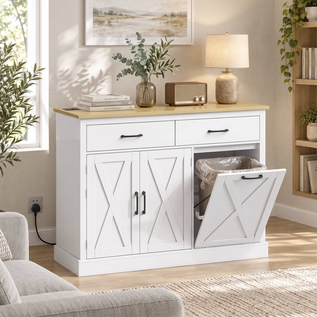 Tilt Out Trash Cabinet with Built-In Charging Station & Kitchen Island Storage | 57L Hidden Bin | 2 Drawers 2-Tier Cabinet 4 Door Racks | AC USB USB-C Ports | Farmhouse Style | White or Black | 112x40x83.5cm | Anti-Tip | Assembly Required