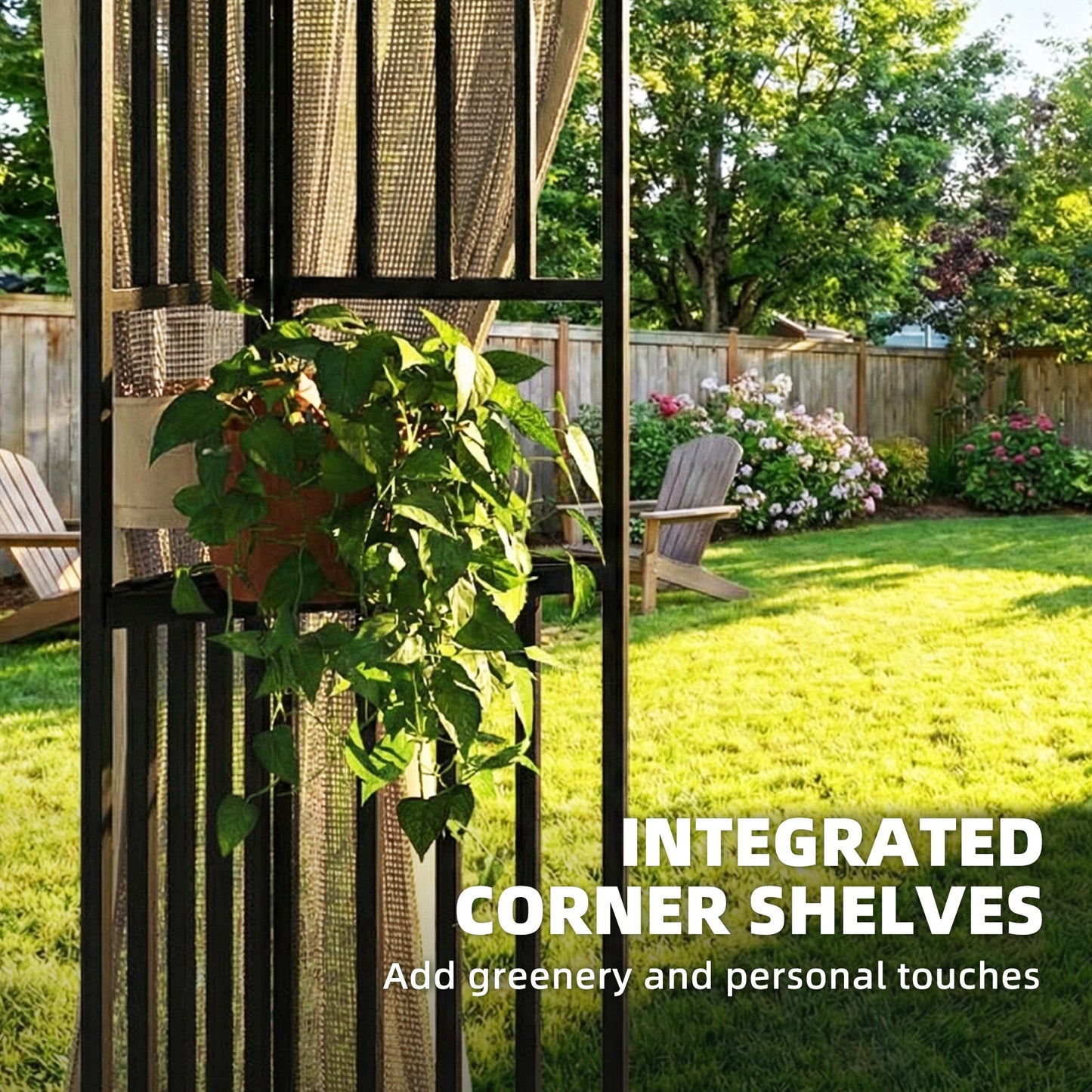 3.3x3.3m Permanent Garden Gazebo | Double-Tier UPF50+ Roof | Mesh Panels | Integrated Corner Shelves | Ceiling Hook | Triangular Powder-Coated Posts | Expansion Screws | Ground Stakes | Khaki