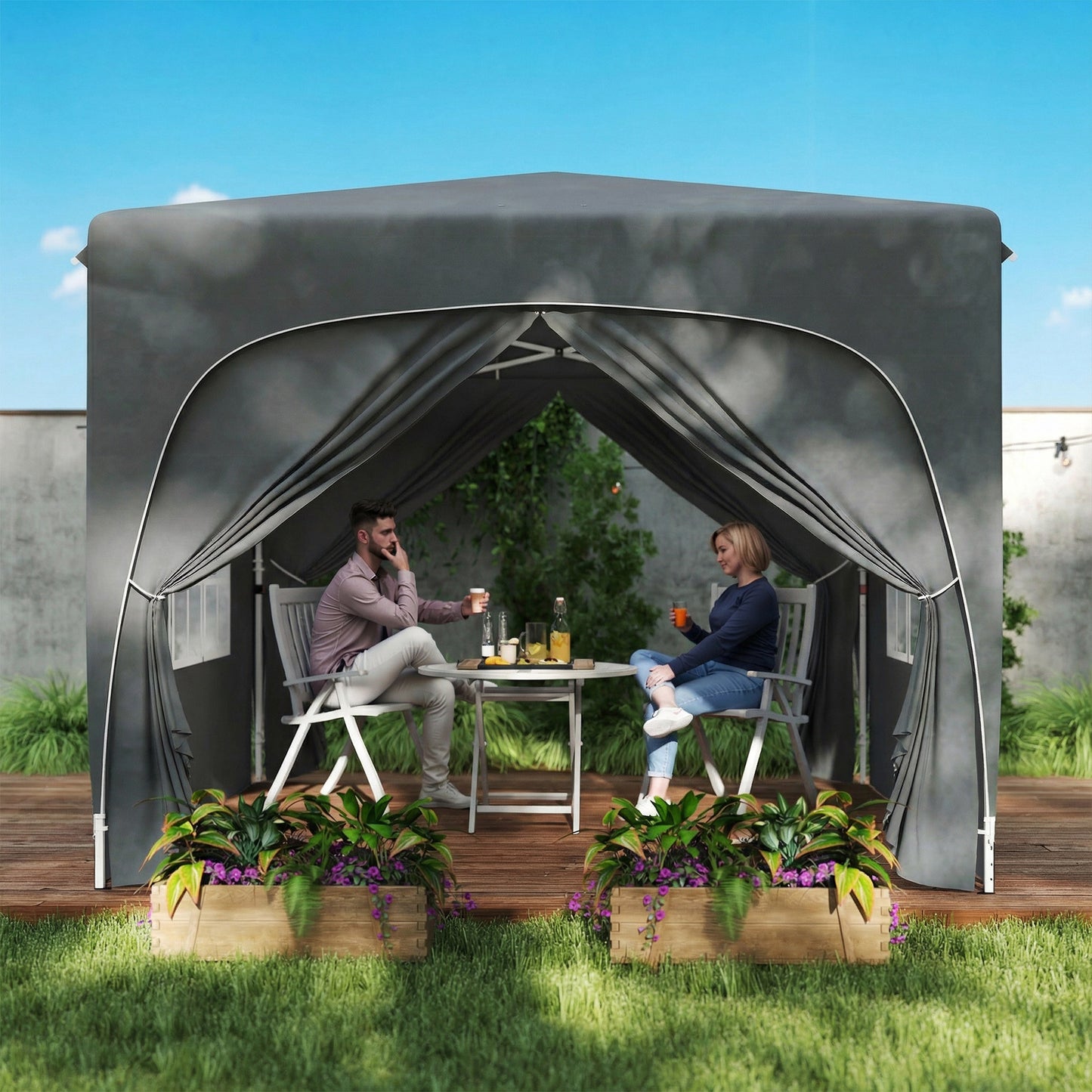 3x3m Pop Up Gazebo Shelter | UPF50+ Oxford Fabric Canopy | Dual Doors & 2 Windows | 8 Drain Holes | 3 Height Settings | Windproof Level 4-5 | Snow Rated | Guy Ropes & Ground Stakes | Carry Bag | Dark Grey