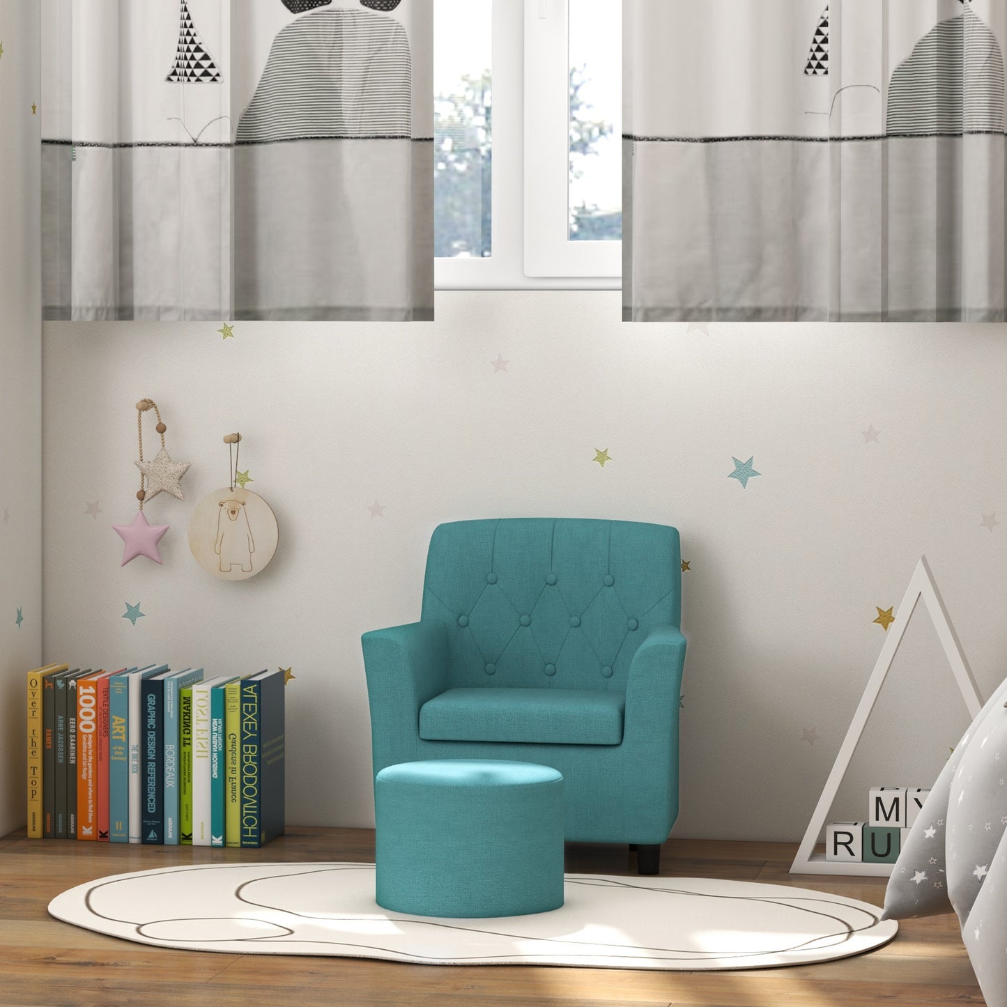 AIYAPLAY 2 Piece Kids Sofa Set with Footrest, for Playroom, Bedroom, Blue