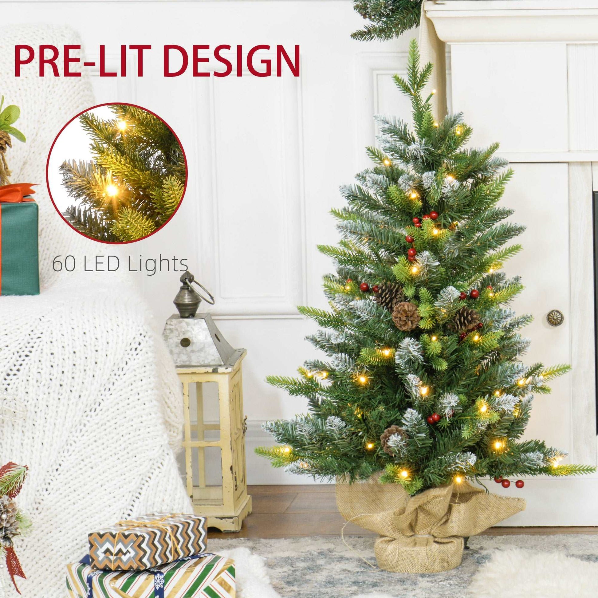 2 Pieces 3ft Prelit Artificial Christmas Tree with LED Light and 291 Tips, Concrete Base, For Tabletop with Pine Cones and Red Berries