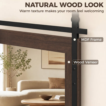 Farmhouse Wall Mirror | 86.5H x 61W cm | Rectangular Tempered Glass & Decorative Barn-Door Detail | Dark Brown / White Oak