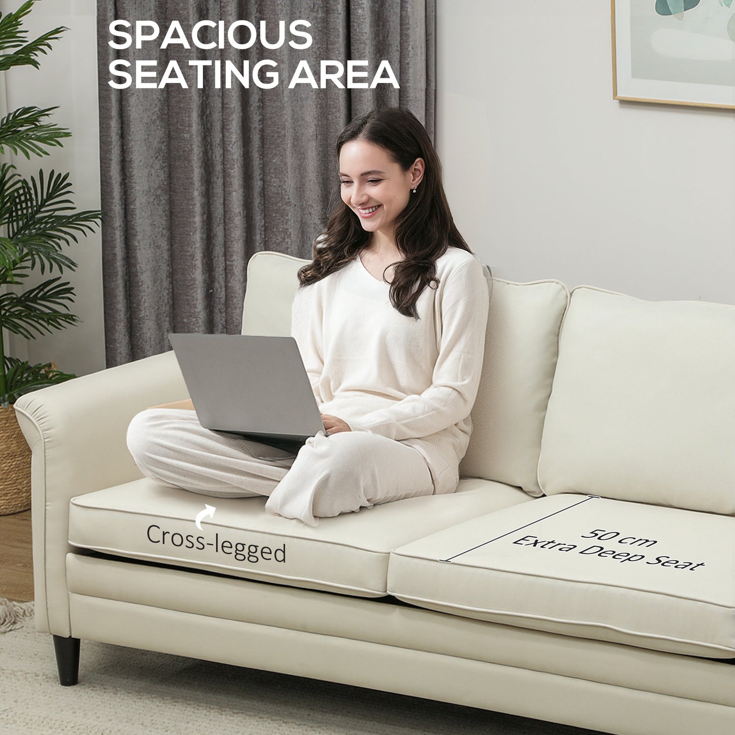 3 Seater Sofa, Modern Fabric Sofa Couch with Spring Cushion, Rubber Wood Legs, 191cm Upholstered Settee for Living Room, Bedroom, Office