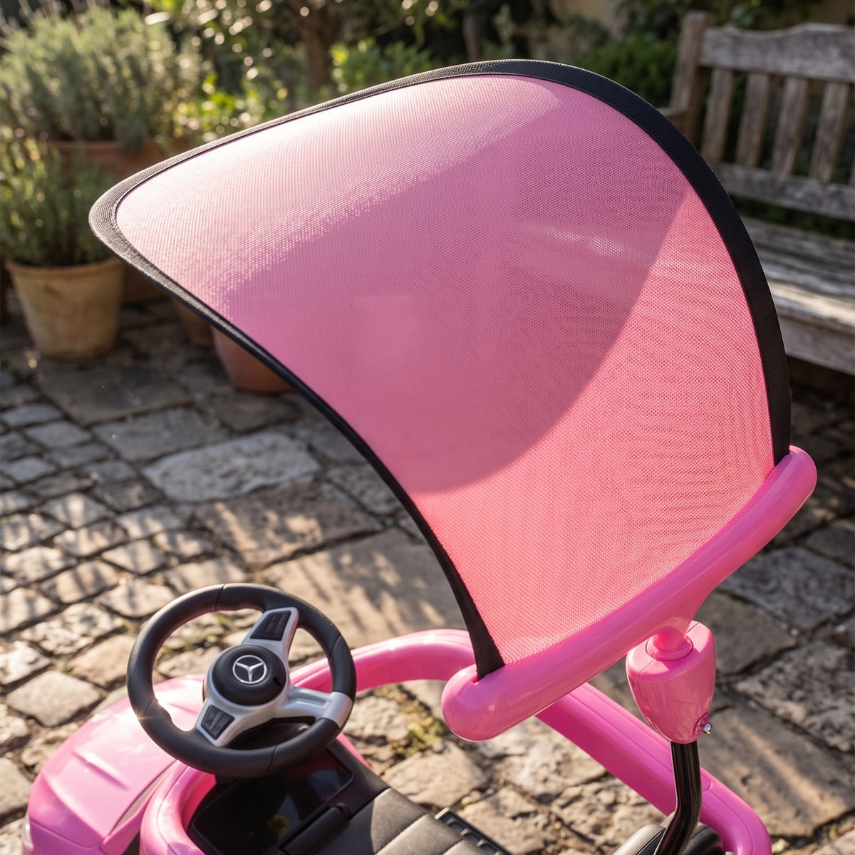 Mercedes Licensed 3-in-1 Kids Ride-On Push Car | Canopy | Guardrails | Steering Wheel Horn & Music | Under-Seat Storage | PP & Steel | 25kg | Ages 12-36 Months | 83x40x90cm | Pink / White / Black