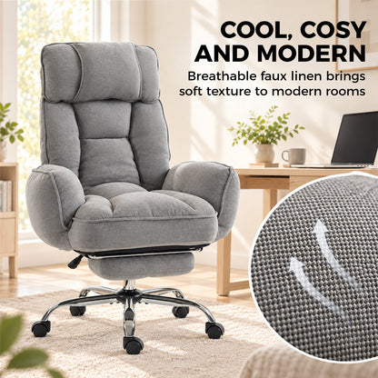 Reclining Office Chair | Grey Linen-Look Fabric & Pocket-Sprung Seat | 135° Recline, Pull-Out Footrest & 5-Position Flip-Up Arms | Height Adjustable