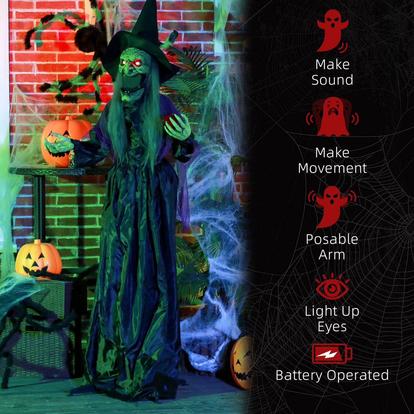 180 cm Life Size Halloween Animated Standing Witch, Spooky Witch with Glowing LED Eyes,  Battery Operated