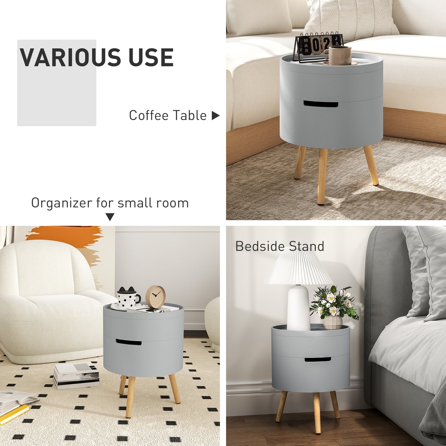 3-Tier Coffee Table, Round End Table with 2 Hidden Compartments and Detachable Tray, with Storage for Living Room, Grey