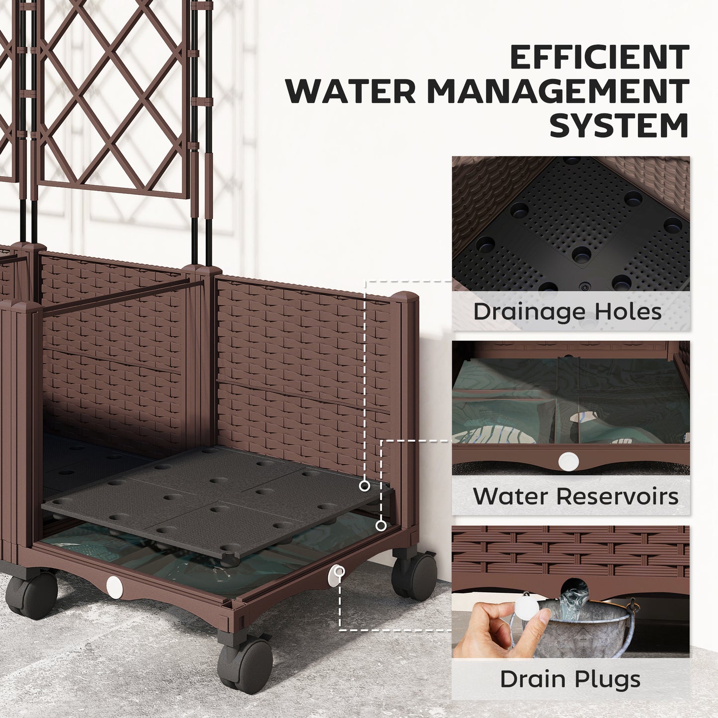 Self-Watering Raised Planter with Trellis | 8 Wheels 4 Lockable | Built-In Reservoir | Drainage Holes & Plugs | PP Fade Resistant | 20kg Capacity | 120x40x192cm | Brown