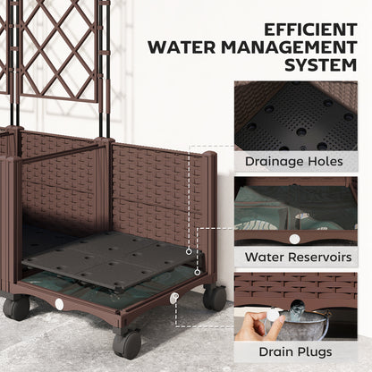 Self-Watering Raised Planter with Trellis | 8 Wheels 4 Lockable | Built-In Reservoir | Drainage Holes & Plugs | PP Fade Resistant | 20kg Capacity | 120x40x192cm | Brown