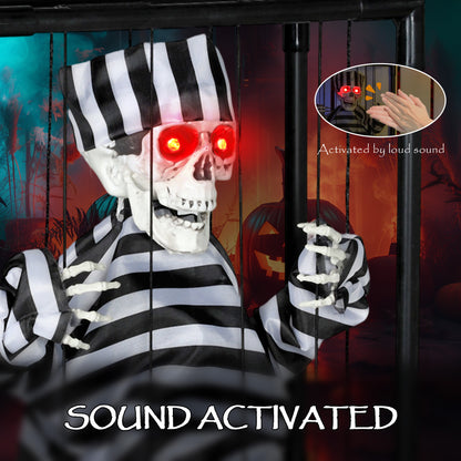 Halloween Animated Hinging Skeleton Prisoner in Cage with Glowing LED Eyes, Spooky Skeleton Scary Halloween Decorations, Battery Operated, Indoor Party Props