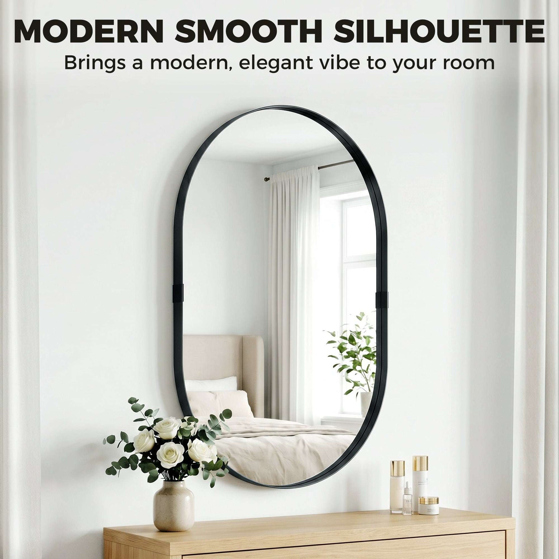 Rectangular Wall Mirror | Elevated 4cm Aluminium Alloy Frame | Shatterproof Tempered Glass | Moisture-Resistant Anodised Finish | MDF Backing | 60x90cm | Black