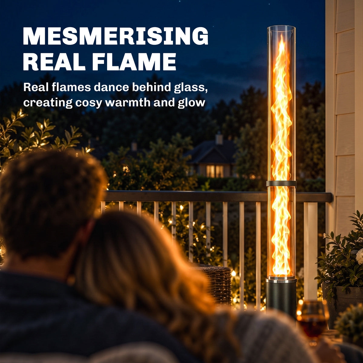 Outsunny 13kW Outdoor Wood Pellet Patio Heater | Real-Flame Glass Tube, 5L / 2.4kg Hopper & Adjustable Vent | Ash Tray | Black, 141cm