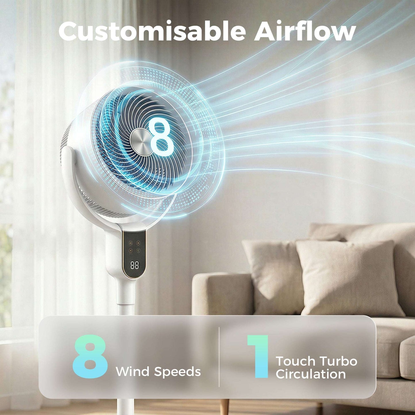 Pedestal Standing Fan | Turbo Mode | 20dB Sleep Mode | 8 Speeds | 16m³/min Airflow | 90° Oscillation | Aromatherapy Pad | Detachable Washable Grill | 5m Remote | 12H Timer | 50W | 83-107cm | White
