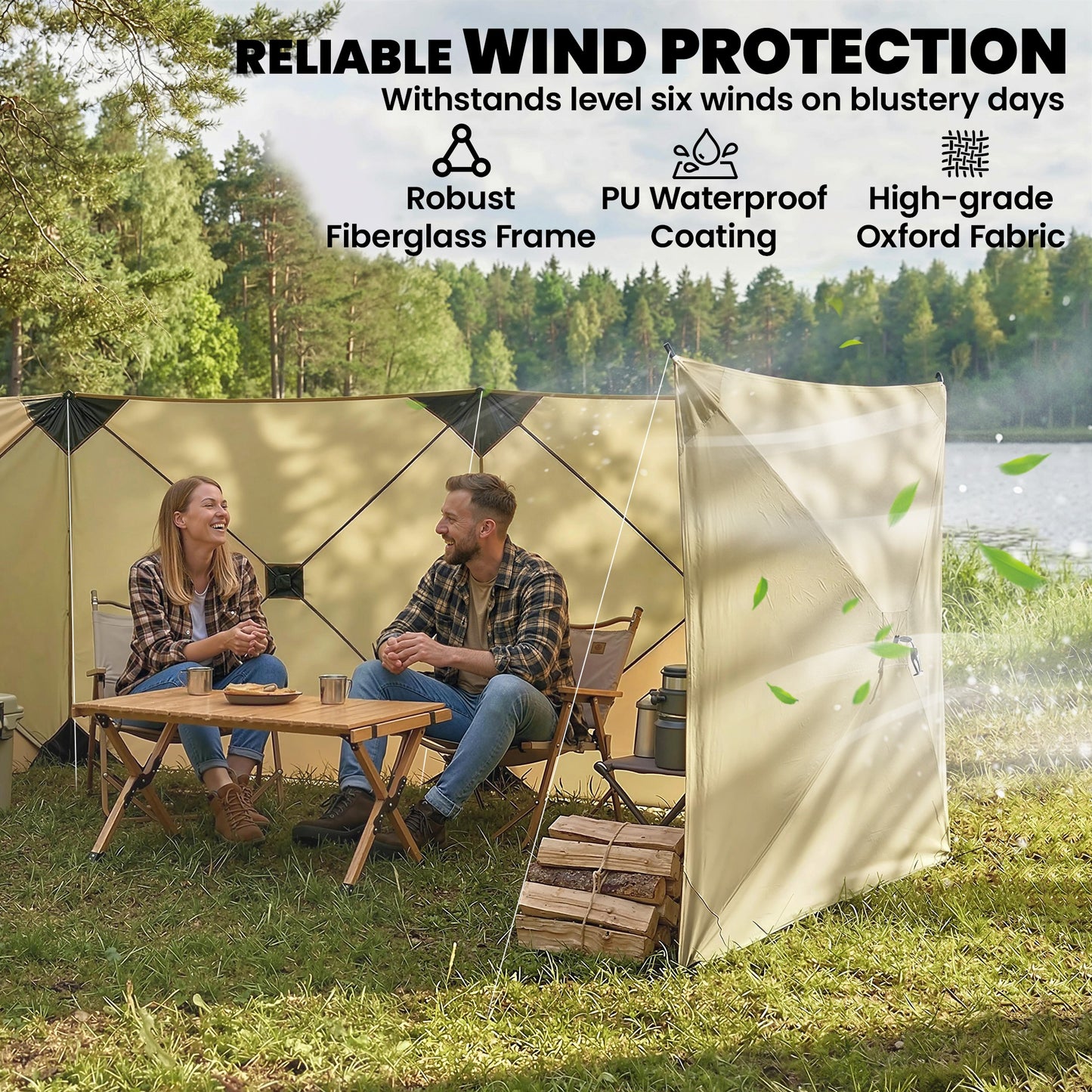 Outsunny Camping Windbreak 480 x 120cm – 4-Panel Pop-Up Wind Blocker, Level 6 Wind Resistance, PU-Coated Oxford Fabric, 3-Min Setup, 12 Stakes & 7 Guy Ropes – Khaki