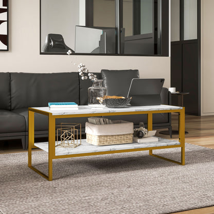 Two-Tier Coffee Table, Modern Marble Effect Center Table with Storage Shelf and Metal Frame, Tea Table for Living Room, White
