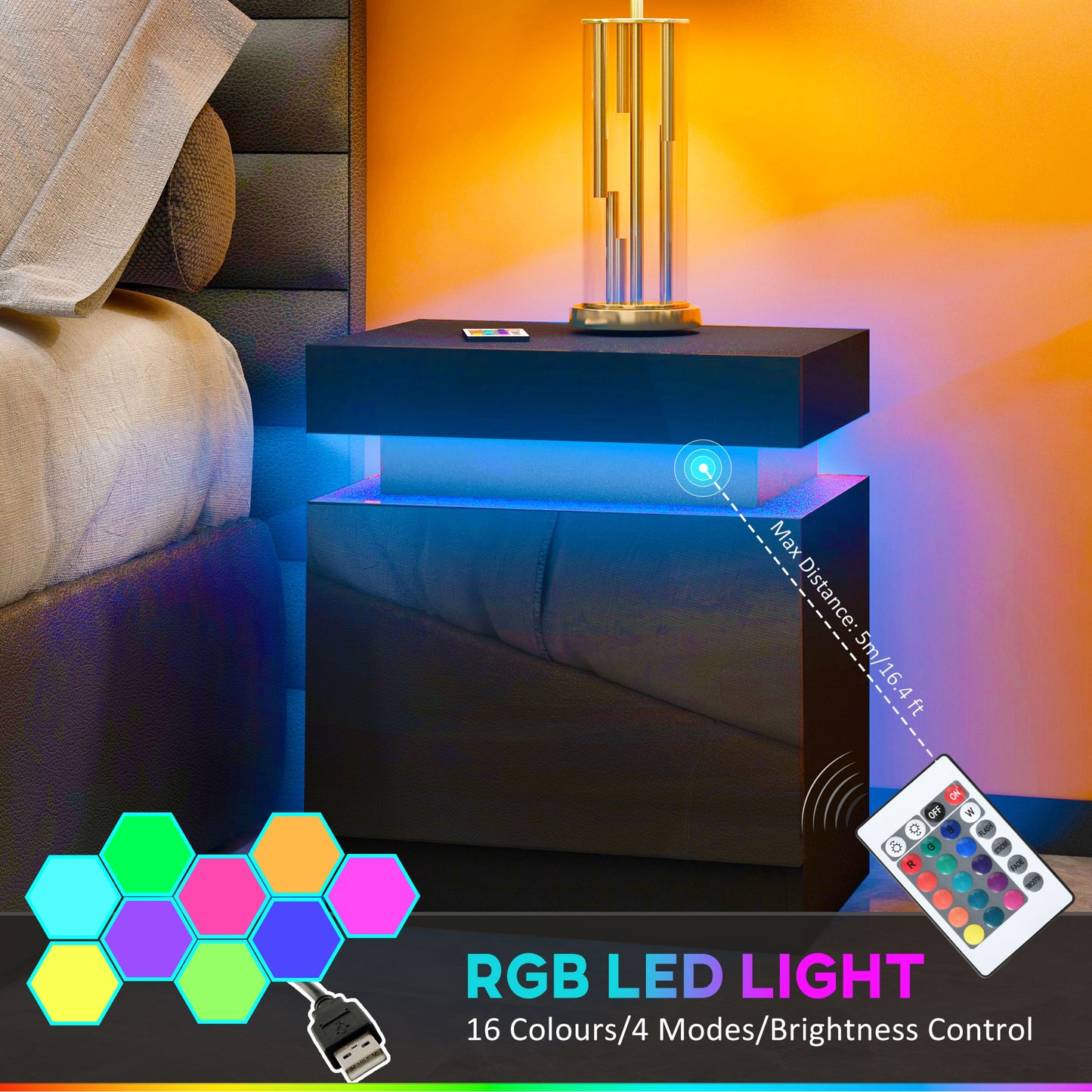 Set of 2 High Gloss Bedside Tables | RGB LED Light | 2 Drawers | Black