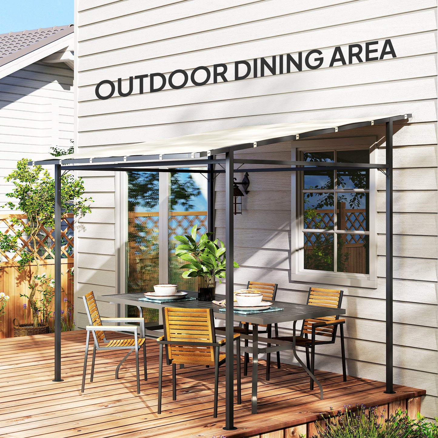 2.4 x 2.4 m Wall Mounted Pergola Gazebo with PA Coating Fabric and Metal Frame, UPF30+, Lean to Garden Gazebo, Wind Resistant Outdoor Sun Shade