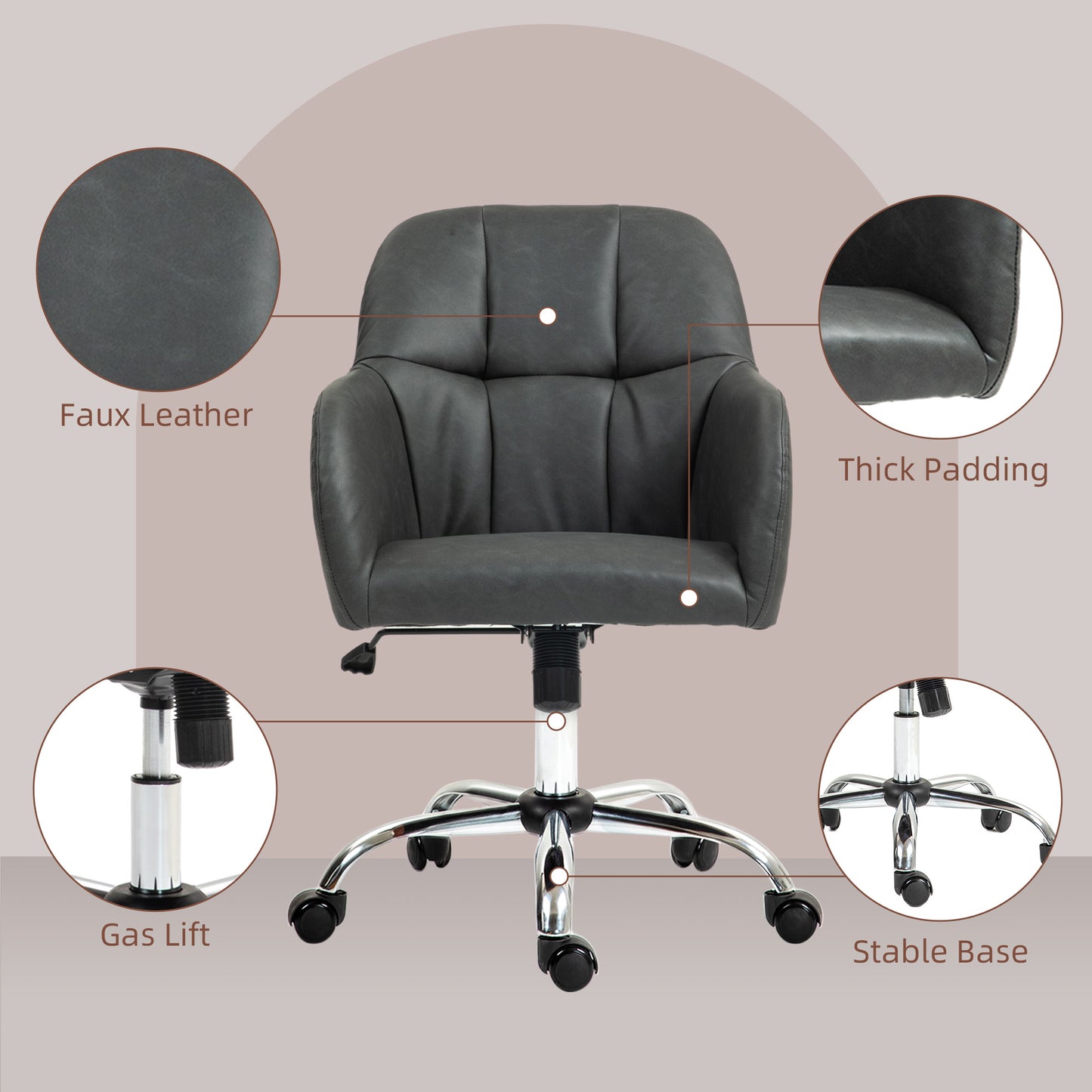 Computer Desk Chair, PU Leather Swivel Office Chair, Makeup Vanity Chair with Height Adjustable, Wheels, for Home Study Bedroom, Grey
