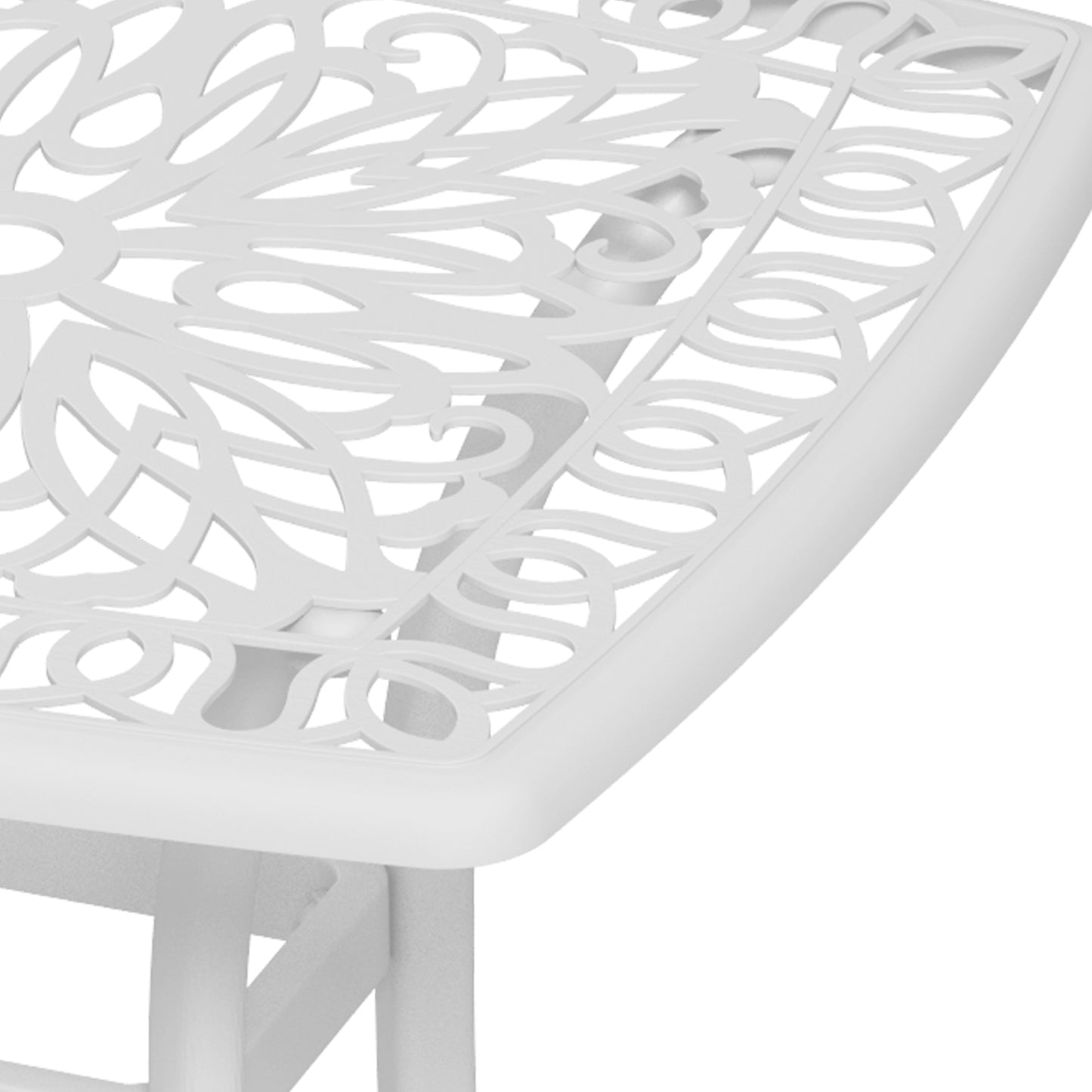 Cast Aluminium Garden Bistro Side Table | 53x53x53cm | Floral Cut-Out Design | Umbrella Hole 3.5cm | Curved Legs | Adjustable Feet | 50kg | White