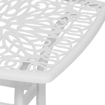 Cast Aluminium Garden Bistro Side Table | 53x53x53cm | Floral Cut-Out Design | Umbrella Hole 3.5cm | Curved Legs | Adjustable Feet | 50kg | White