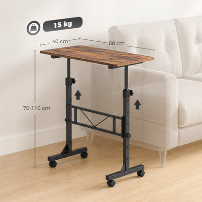Overbed Table | 6 Height Settings 70-110cm | 4 Caster Wheels with 2 Brakes | Anti-Tip Device | 80x40cm Top | 15kg | Particleboard & Steel | Rustic Brown & Black