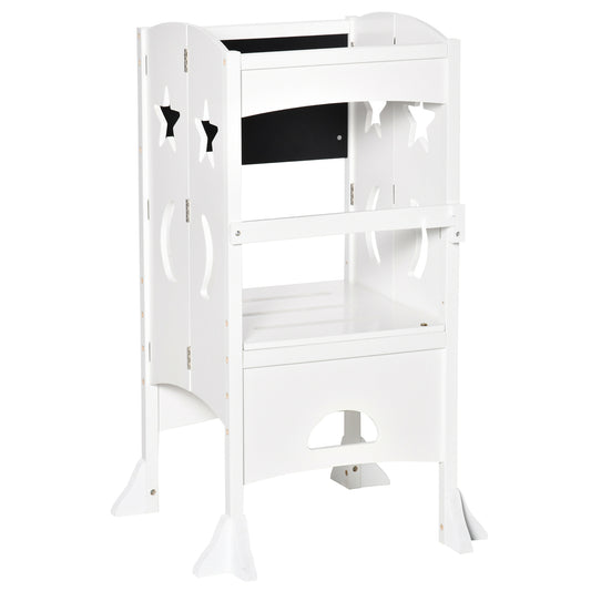 Kids Step Stool Toddler Kitchen Stool with Blackboard Lockable Handrail for Kids Kitchen Counter White