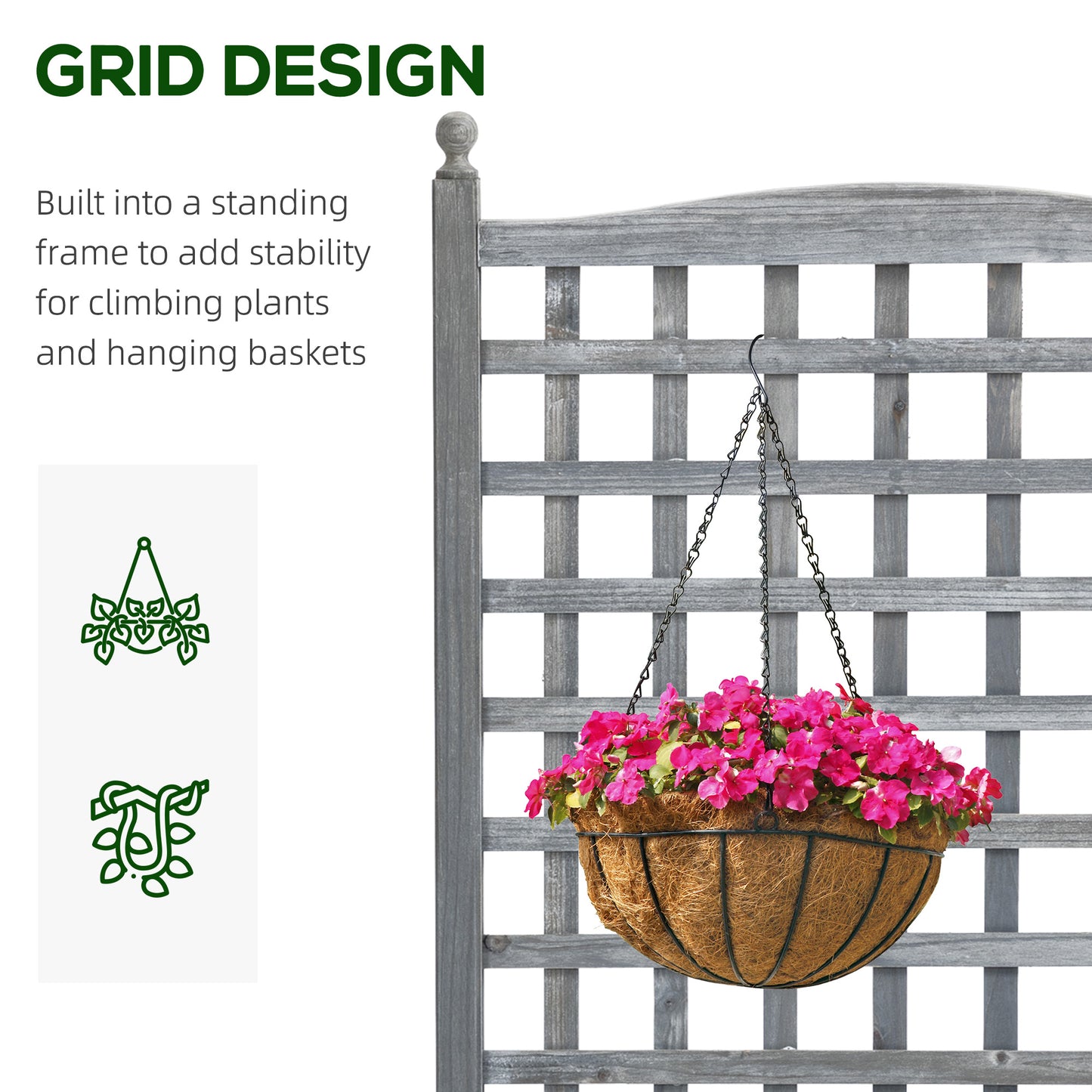 Fir Wood Raised Garden Bed with Trellis | 2 Drainage Holes | 50kg Capacity | 64x28x120cm | Indoor & Outdoor | Climbing Plants Flowers & Veg | Grey