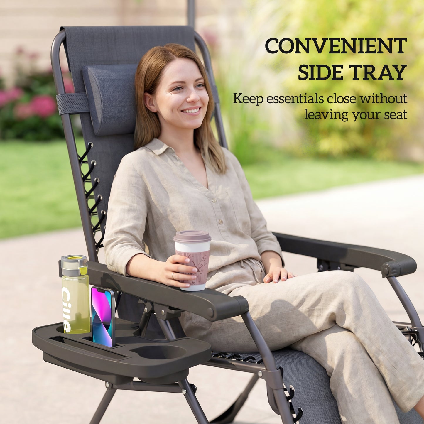 Set of 2 Zero Gravity Folding Sun Loungers | Reclining | Headrest & Tray | Dark Grey