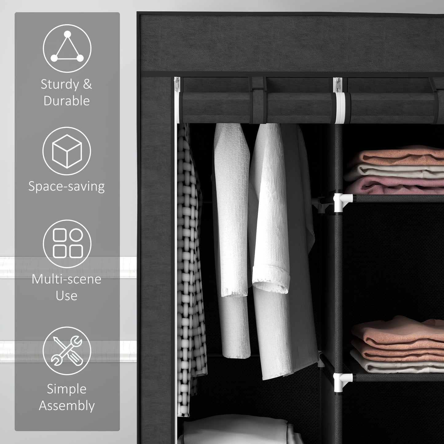 Fabric Wardrobe, Portable Wardrobe, Clothes Storage Unit with 8 Shelves, 2 Hanging Rods, 125 x 43 x 162.5 cm, Black