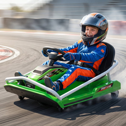 Kids Electric Go Kart | 24V 300W Brushless Motor | Drift Mode | Soft Start | Dual Speed | Ages 6-10 | Green / Yellow / Red