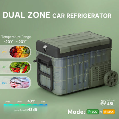 33L Camping Fridge Freezer Dual Zone, Portable Car Fridge 12V/24V DC & 100-240V AC, Electric Cool Box -20℃-20℃ with Wheels and LED Light