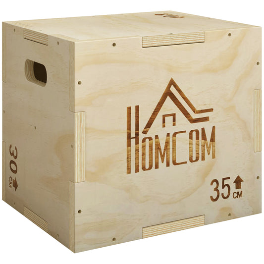 3-in-1 Wooden Plyo Box | 30.5 / 35.5 / 40.5cm Three Heights | Solid Zelkova Wood | Carved Carry Handles | 120kg Capacity | Plyometric Jump Training | Home Gym | Natural Wood Finish