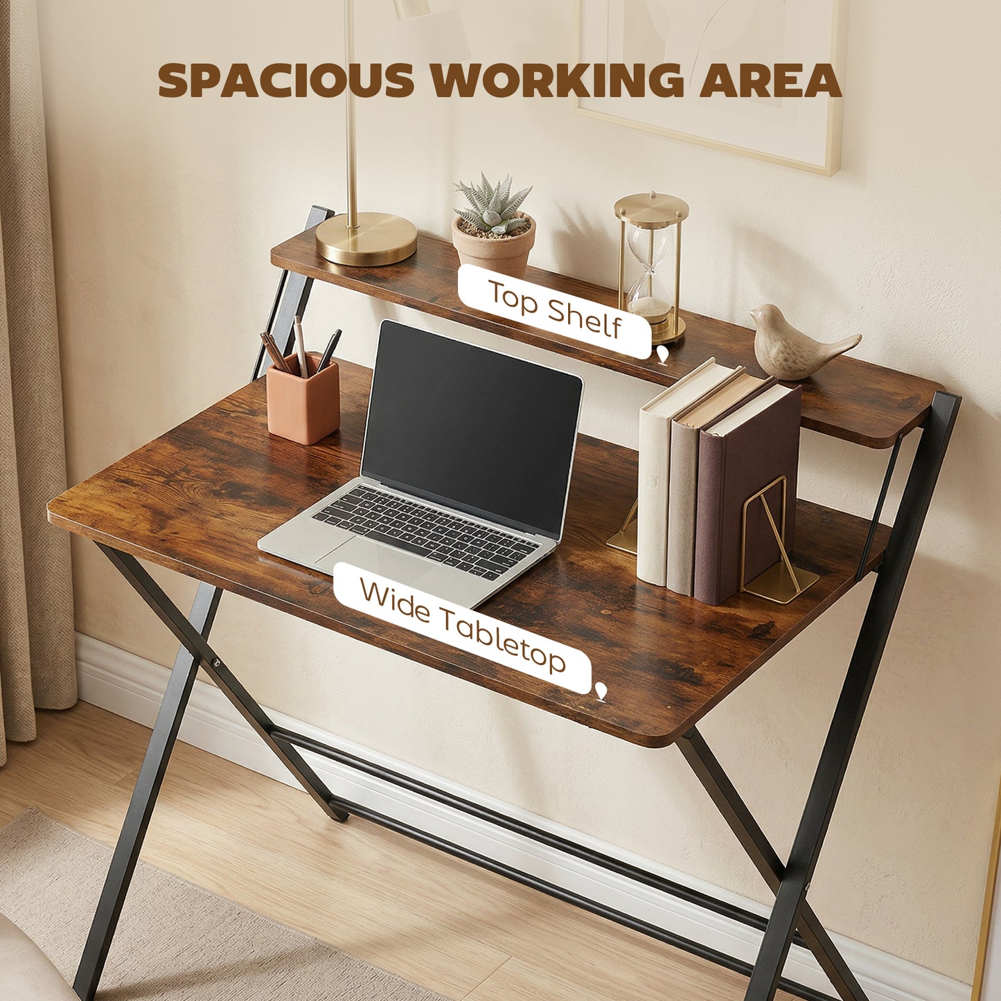 Compact Folding Desk for Small Spaces | Upper Storage Shelf | X-Frame | Melamine Surface | Curved Corners | Folds to 4.5cm | 86x66x82cm | Rustic Brown