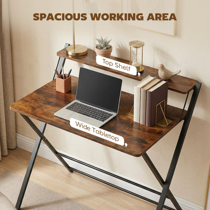 Compact Folding Desk for Small Spaces | Upper Storage Shelf | X-Frame | Melamine Surface | Curved Corners | Folds to 4.5cm | 86x66x82cm | Rustic Brown