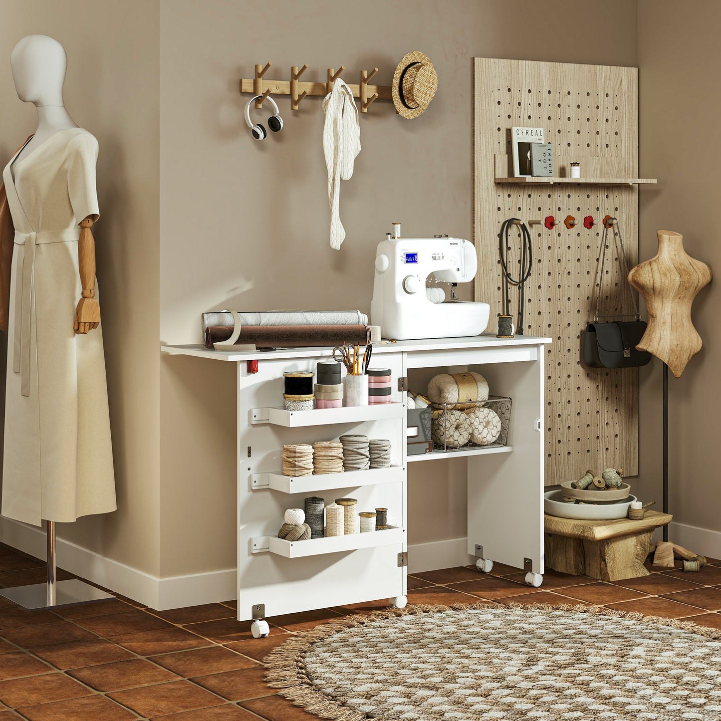 Folding Sewing Table, Drop Leaf Craft Table with Storage Bins, Open Shelf and Wheels, Rolling Sewing Machine Cabinet for Small Space