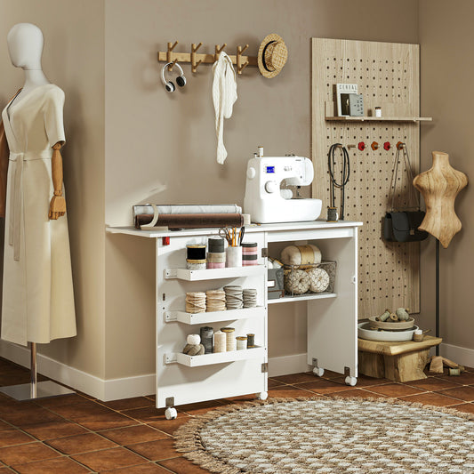 Folding Sewing Table, Drop Leaf Craft Table with Storage Bins, Open Shelf and Wheels, Rolling Sewing Machine Cabinet for Small Space