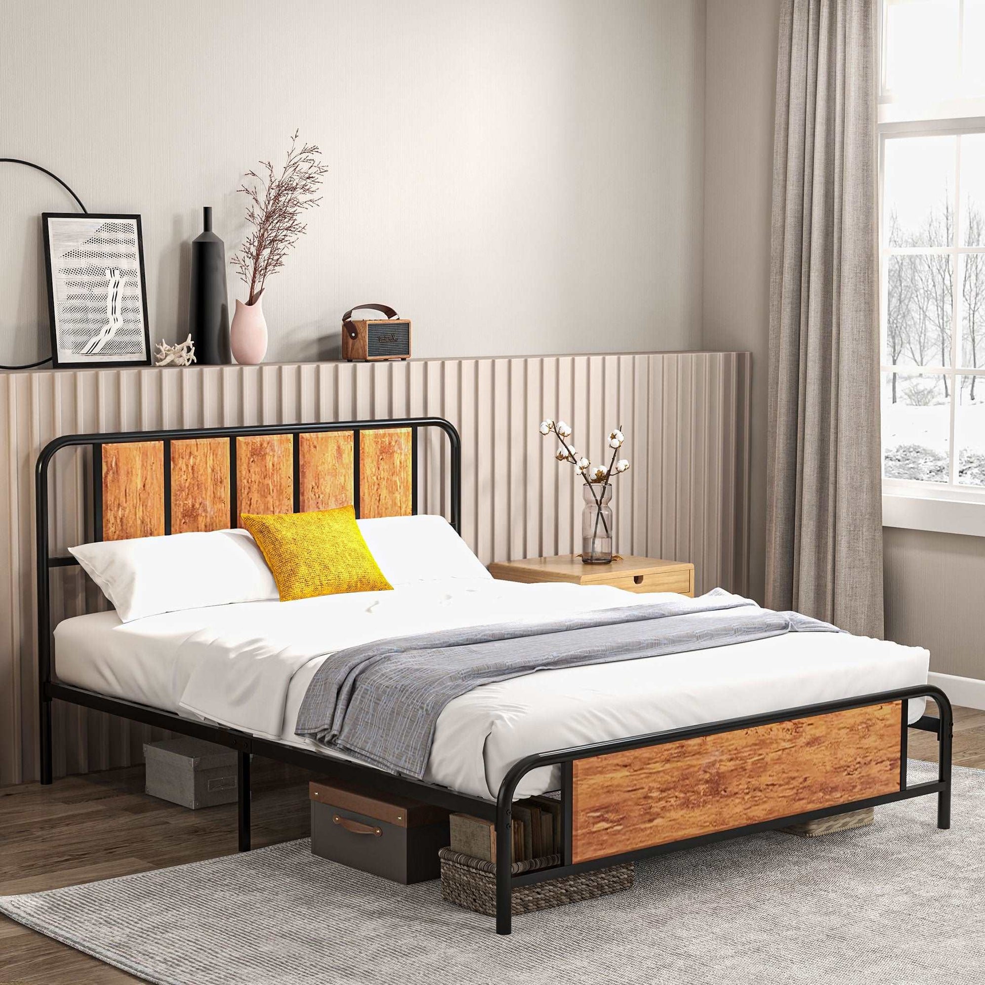 31cm Retro King Size Bed Frame, Industrial Bed Base with Headboard, Footboard, Steel Slat Support and Under Bed Storage, 160 x 207cm