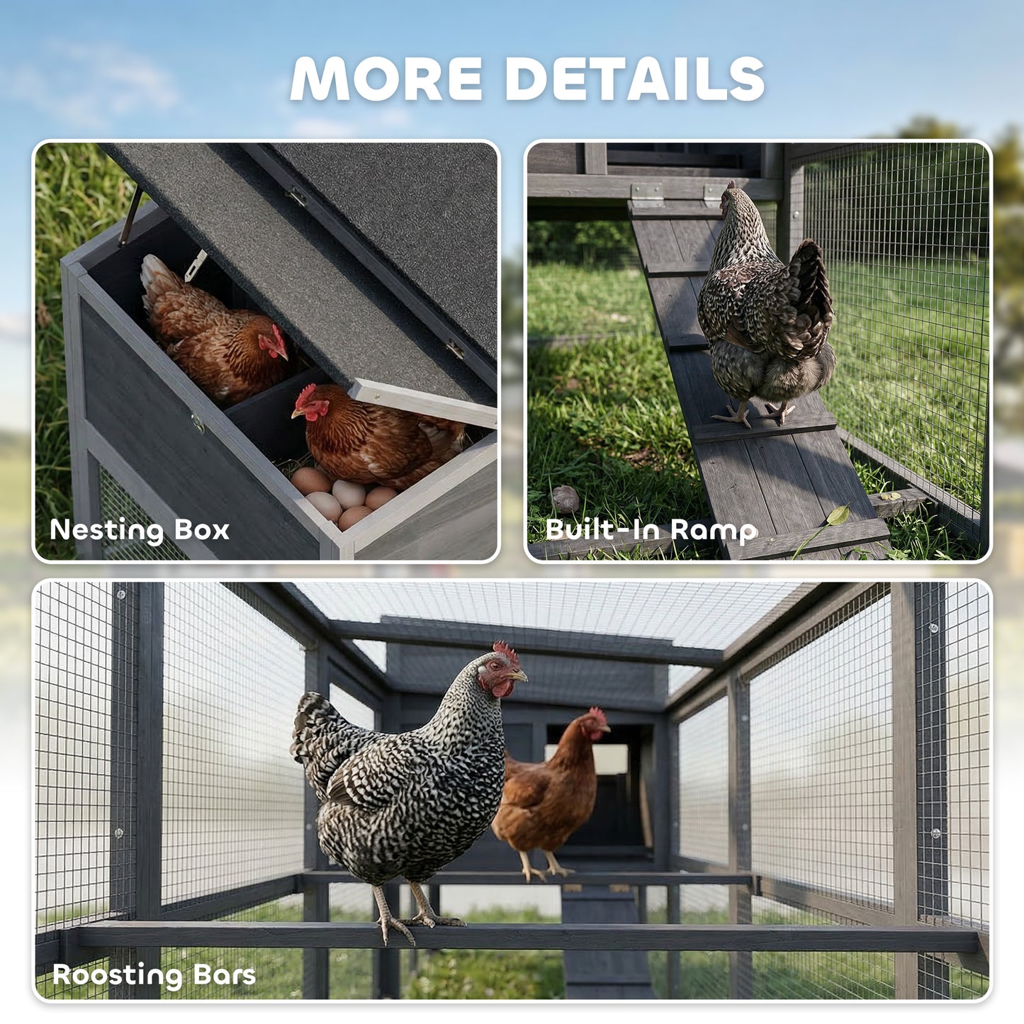 Large Chicken Coop & Hen House | 3-4 Chickens | Covered Run | Nesting Box | Pull-Out Tray | Asphalt Roof | Oxford Cover | 264cm | Grey