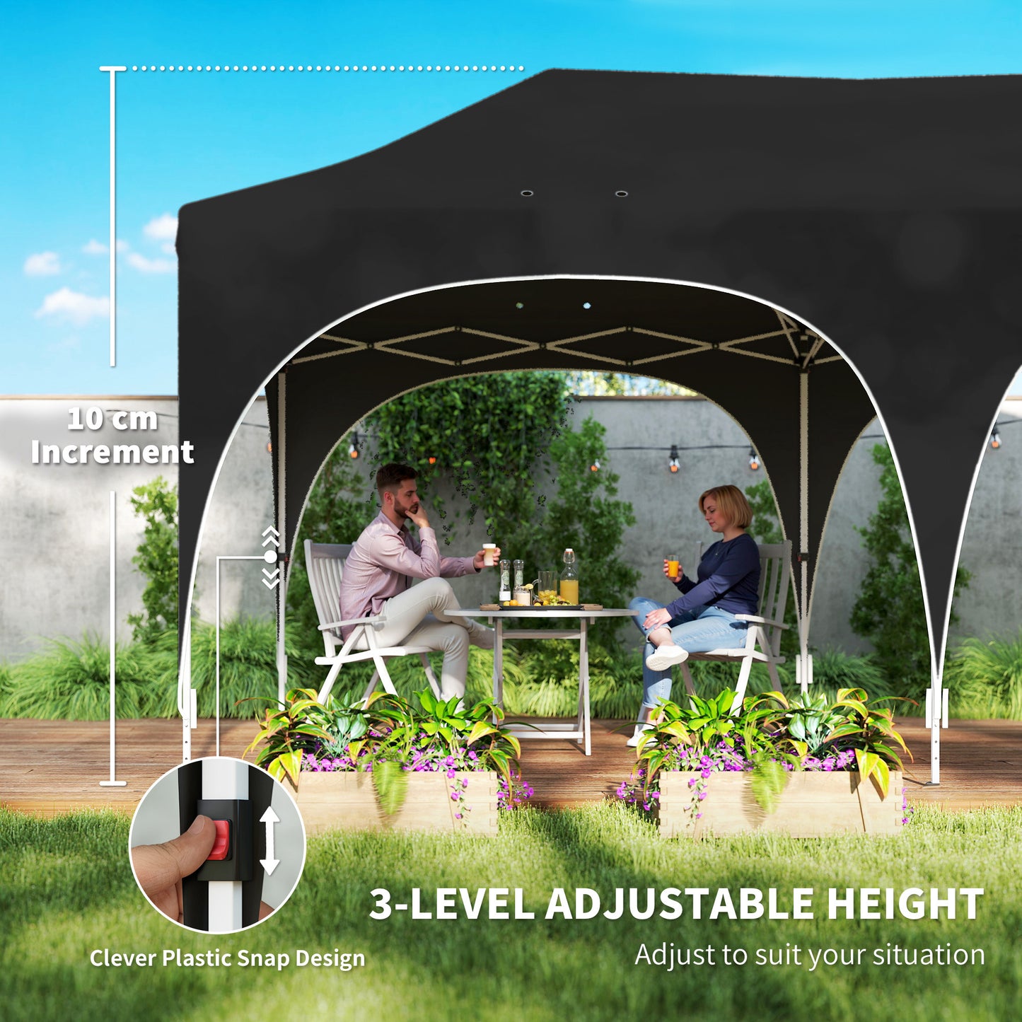 3x6m Peak-Top Pop-Up Party Gazebo | 15-20 People | UPF30+ 210D Oxford Fabric | 6 Sidewalls | 4 Windows & 2 Zipper Doors | 3 Height Settings | 12 Drainage Holes | Stakes, Ropes & Sandbags | Carry Bag | Black
