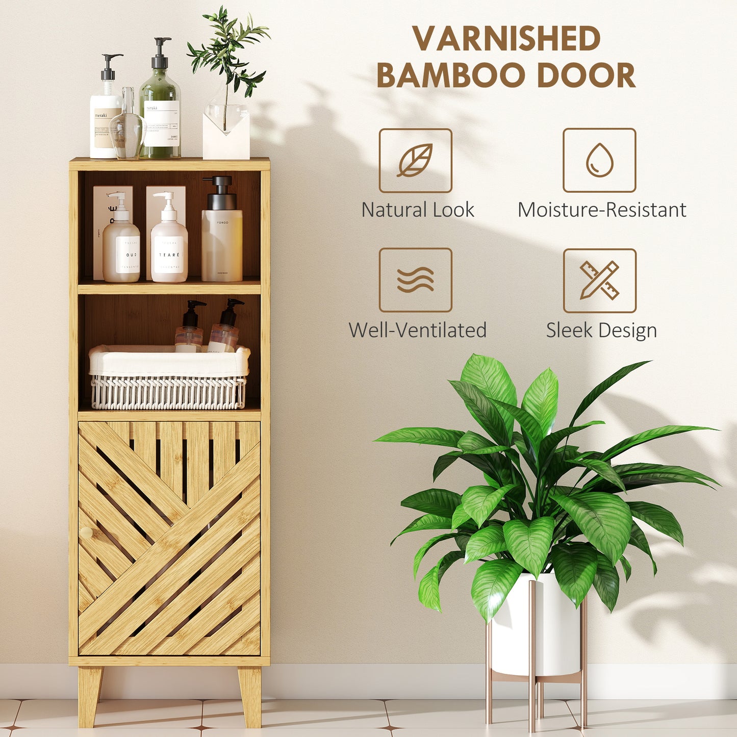 Slim Bathroom Cabinet with Bamboo Door and Legs, Narrow Bathroom Storage Cabinet, Freestanding Storage Cupboard with Open Compartments, 32 x 30 x 90 cm, Natural Wood Finish