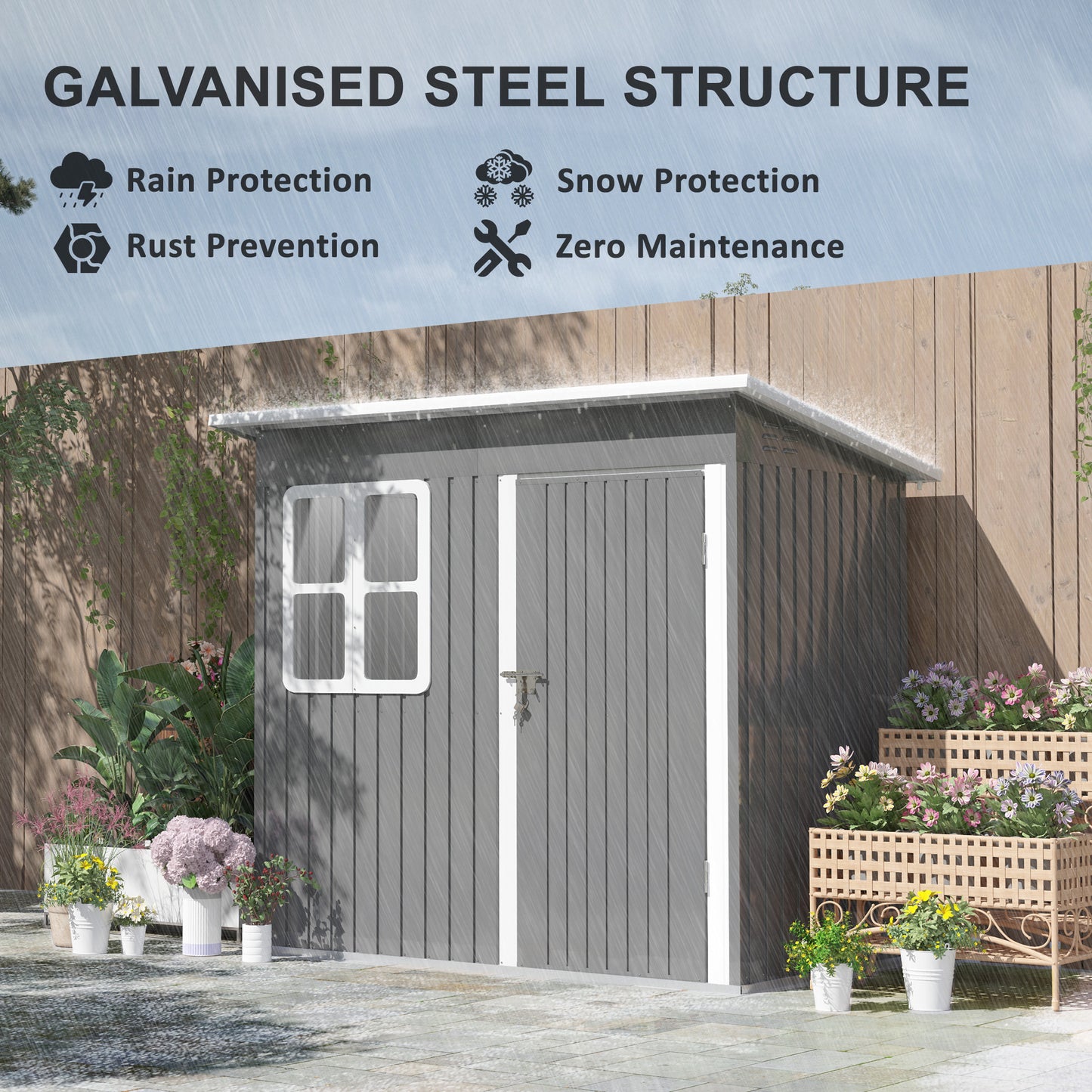 7 x 4ft Storage Shed Galvanised Steel Garden Shed, Metal Shed with Foundation Kit, Window, Lockable Wide Door and Air Vents for Outdoor Patio