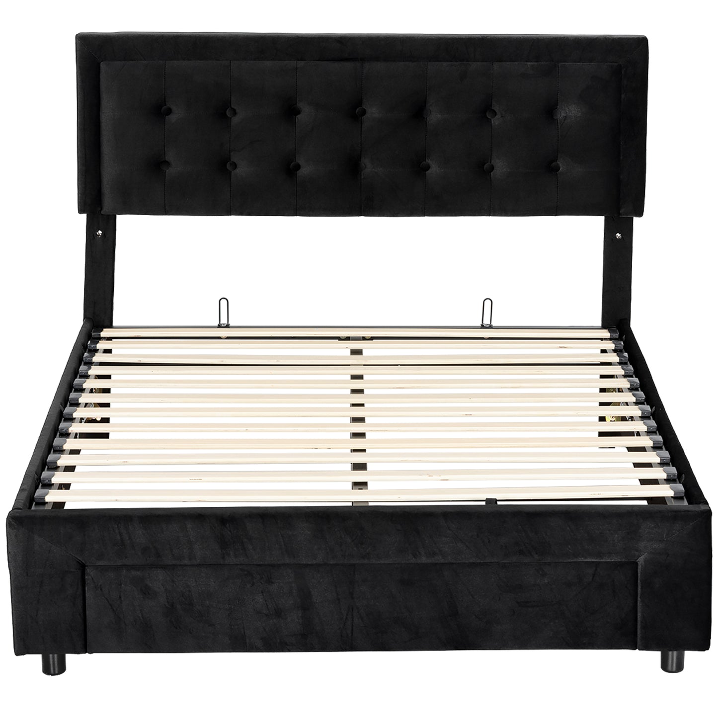 King Size Ottoman Bed Frame, with Front Drawer - Black / Cream White