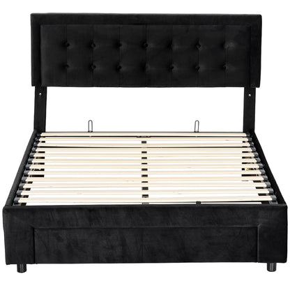 King Size Ottoman Bed Frame, with Front Drawer - Black / Cream White