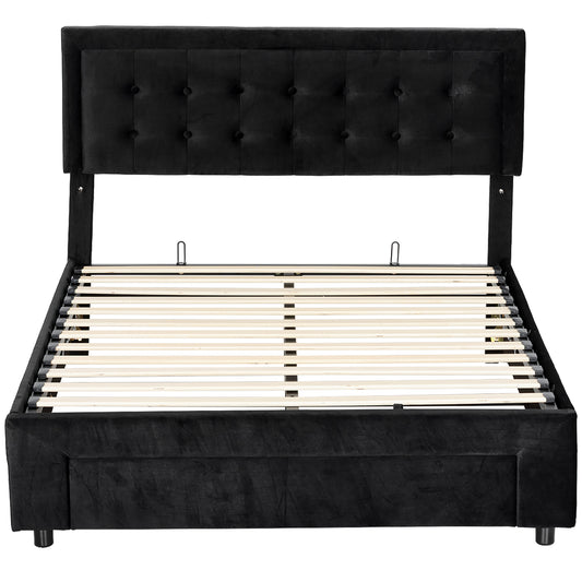 King Size Ottoman Bed Frame, with Front Drawer - Black / Cream White