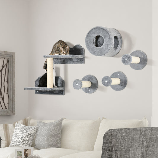 PawHut 5 Piece Cat Wall Furniture with Perch, Cat House, Scratching Post