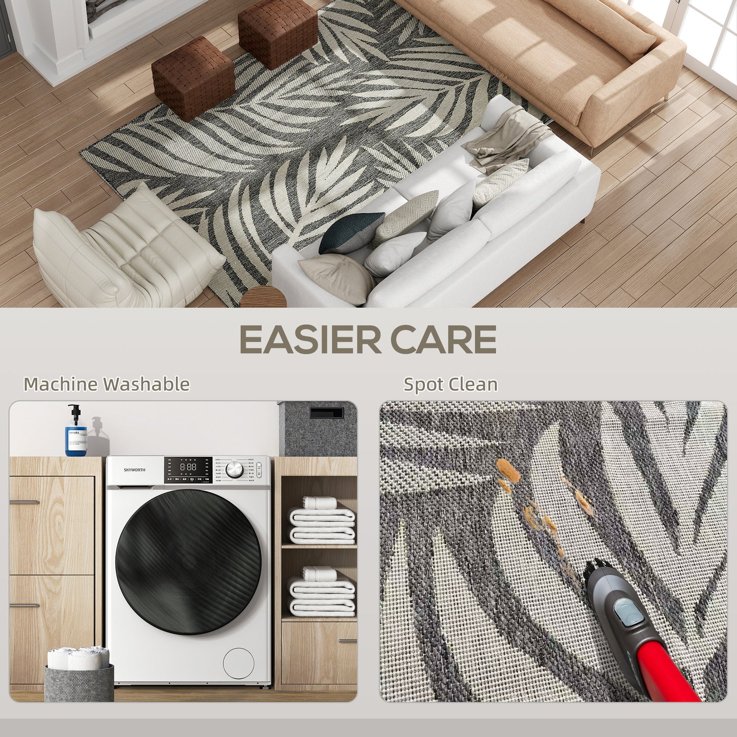 UV Resistant Indoor & Outdoor Area Rug, Easy-Cleaning Machine Washable Rug for Patio, Garden, Kitchen, Bathroom or Living Room, 230 x 160 cm, Grey