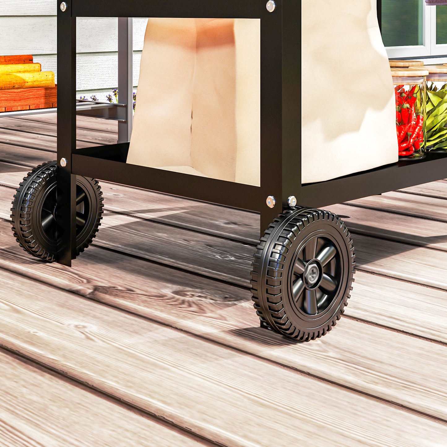 BBQ Trolley with Stainless Steel Top Adjustable Shelf, Outdoor Kitchen BBQ Station with Hooks Seasoning Tray Towel Rack, Pizza Oven Table