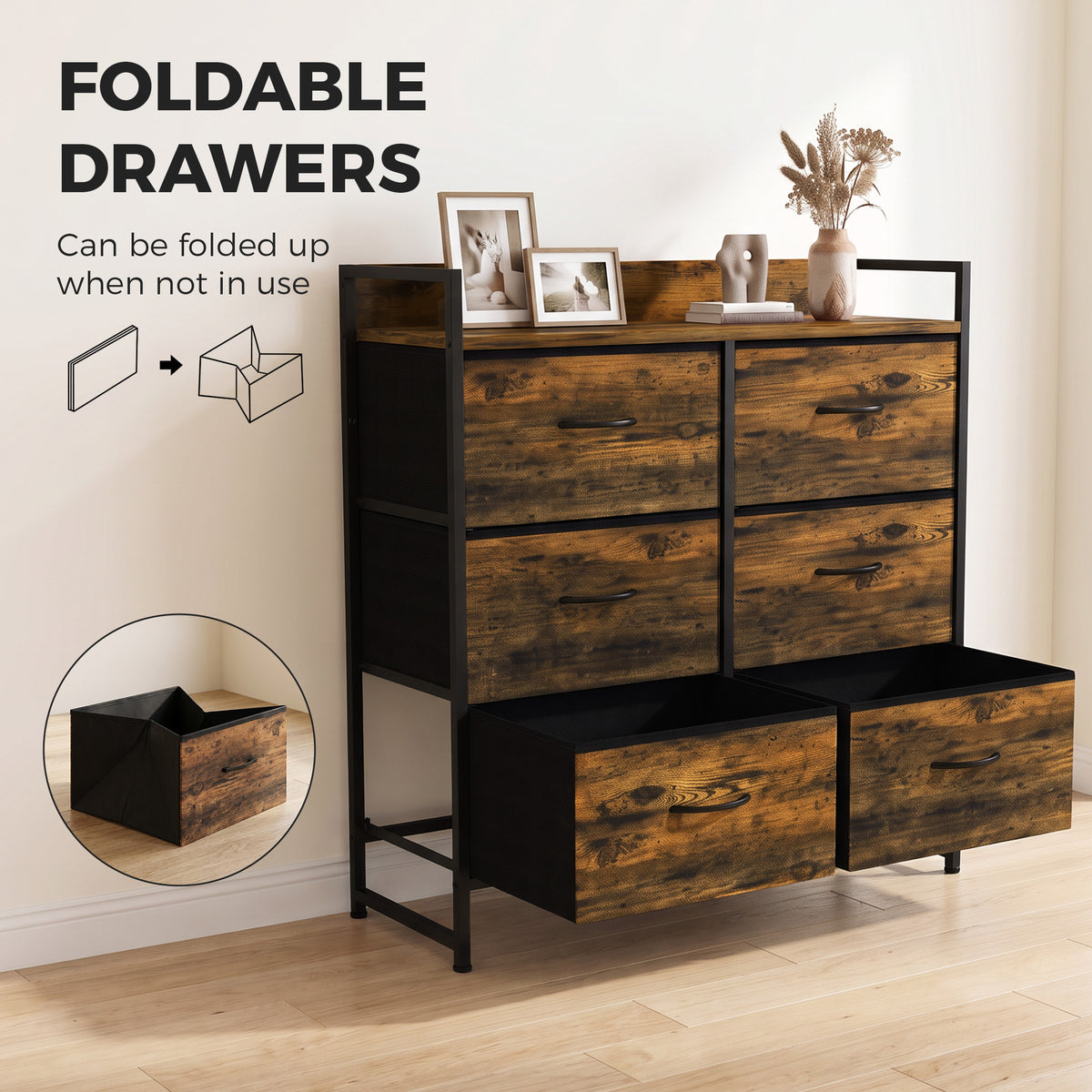 Rustic Chest of Six Fabric Drawers | Rustic Brown & Black | Linen Fabric Steel Particleboard | 80x29x85cm | 35kg Max Load | Adjustable Feet | Industrial Style | Bedroom Storage