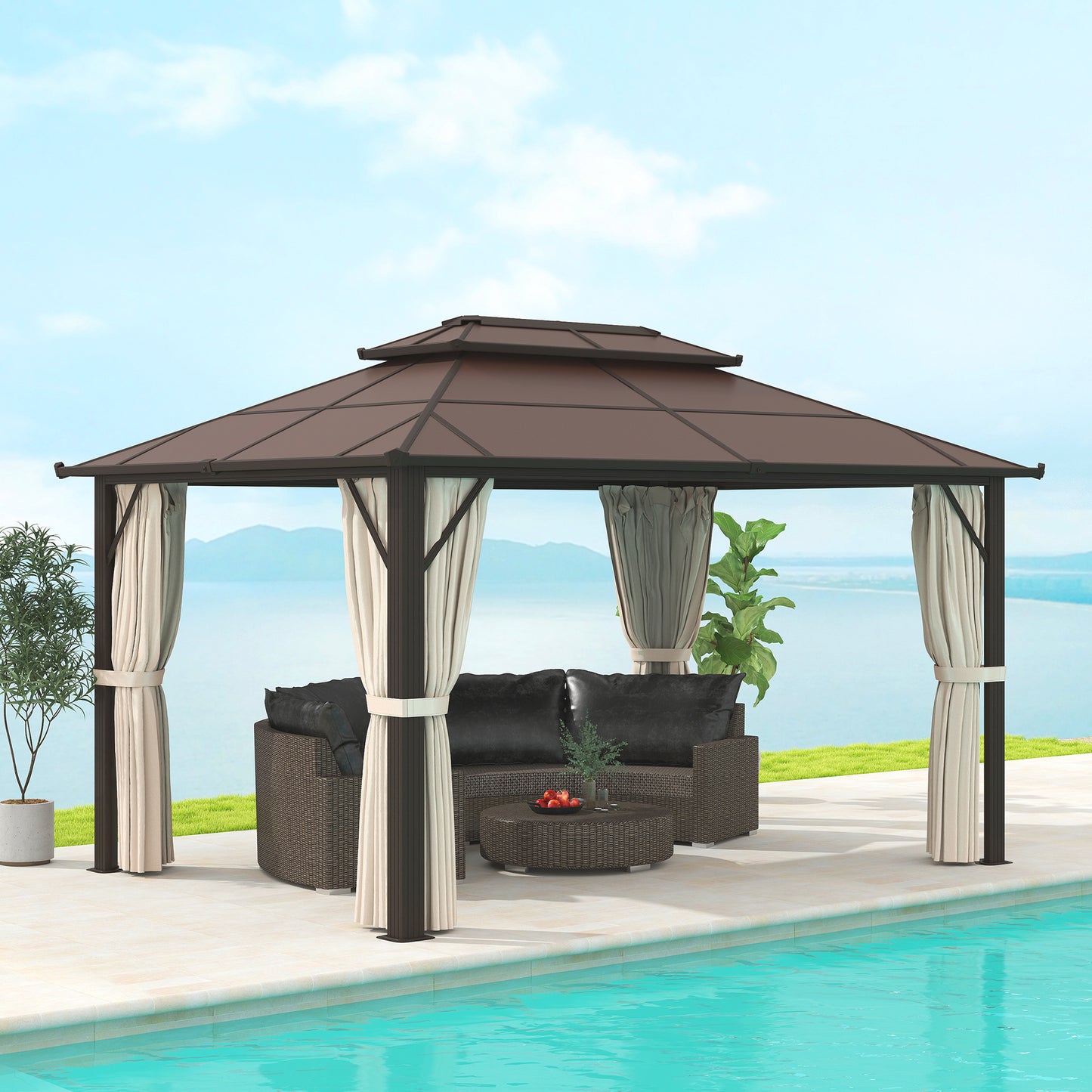 3 x 4m Hardtop Gazebo Canopy with UPF30+ Double Polycarbonate Roof, Aluminium Frame Garden Gazebo Permanent Pavilion, Beige