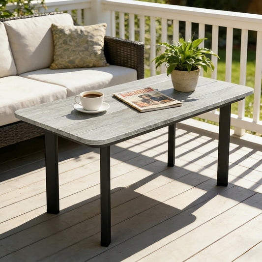 Garden Coffee Table | Slatted Plastic Wood Composite Top | Metal Frame | Adjustable Feet | 50kg | Grey